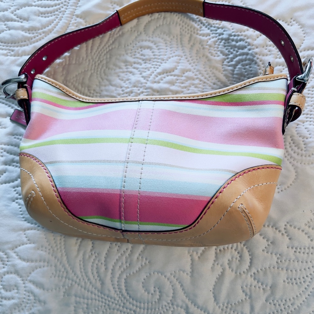 Pink and Tan Striped Shoulder Bag with Adjustable Strap